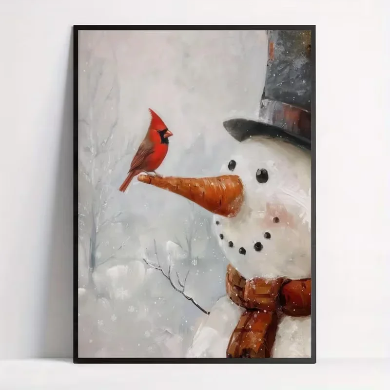 1pc frameless Canvas Painting 1pc Winter Snowman & Cardinal Bird Frameless Vertical Canvas Poster - Modern Retro Christmas Wall