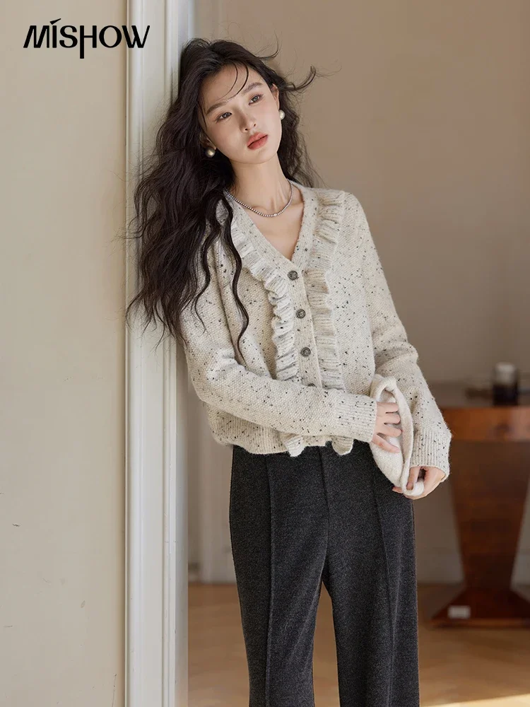 MISHOW Ear Fungus Edge Knitted Cardigan Long Sleeve Coat Winter Outerwears Button Design V-Neck Fashion Gentle Top MXD55Z1049