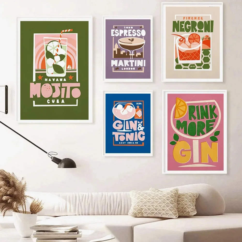 Mojito Gin Tónico Martini Impresión cóctel minimalista arte de pared lienzo impreso pintura carteles para sala de estar decoración moderna del hogar