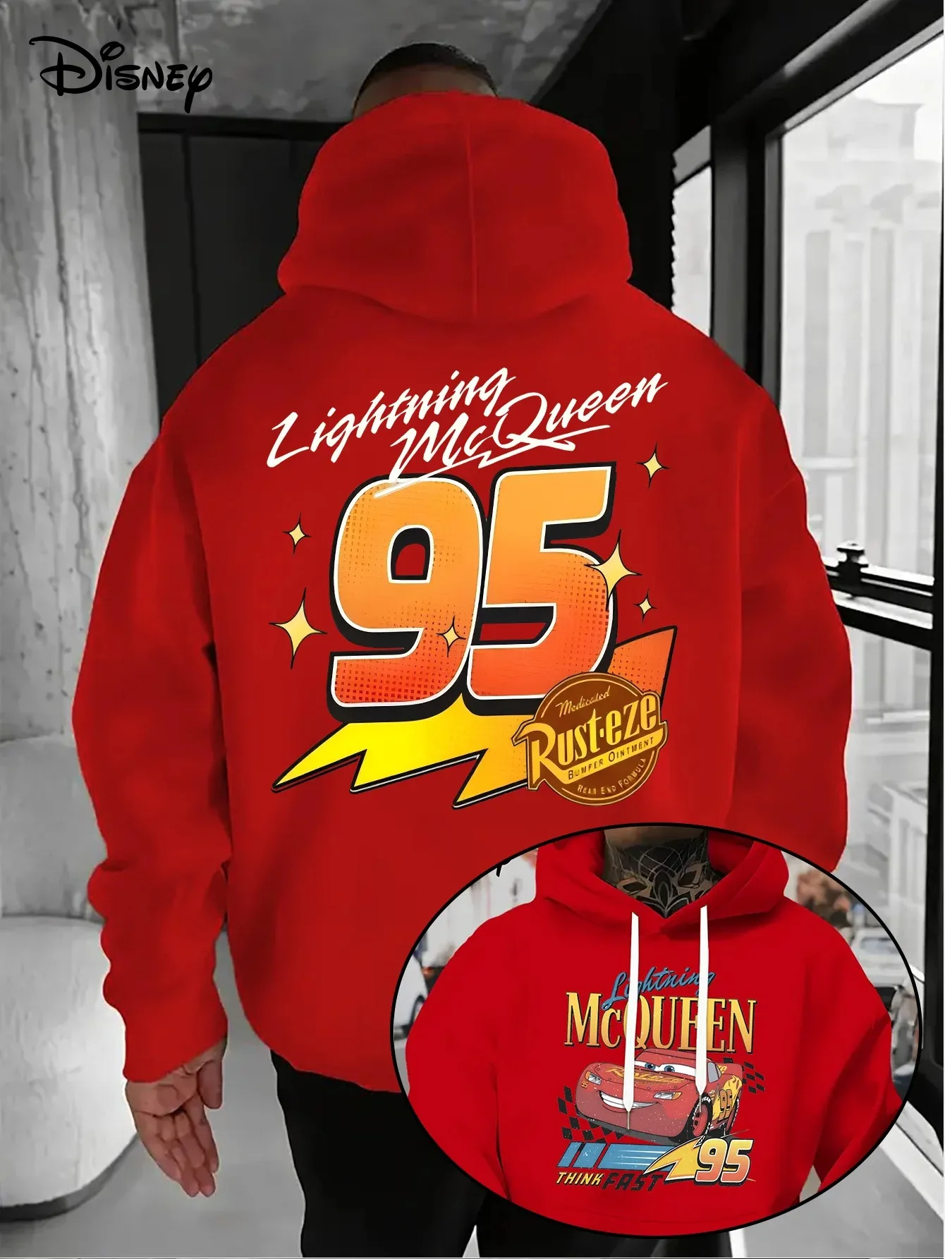 

Толстовка с принтом мультфильма Disney Lightning McQueen, модный повседневный пуловер для мужчин и женщин, свободный крой, в стиле High-street, новые толстовки