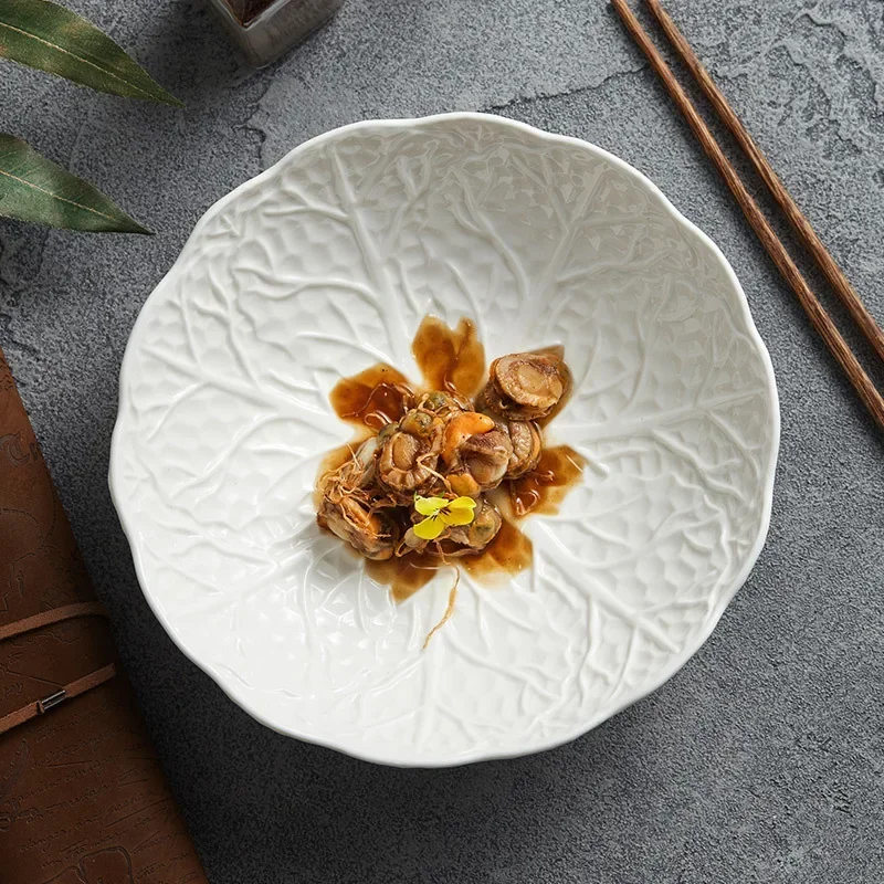 Pure White Irregular Ceramic Wrinkled Bowl Restaurant Salad Plate Soup Bowl Pasta Bowl Special Tableware for Molecular Food.