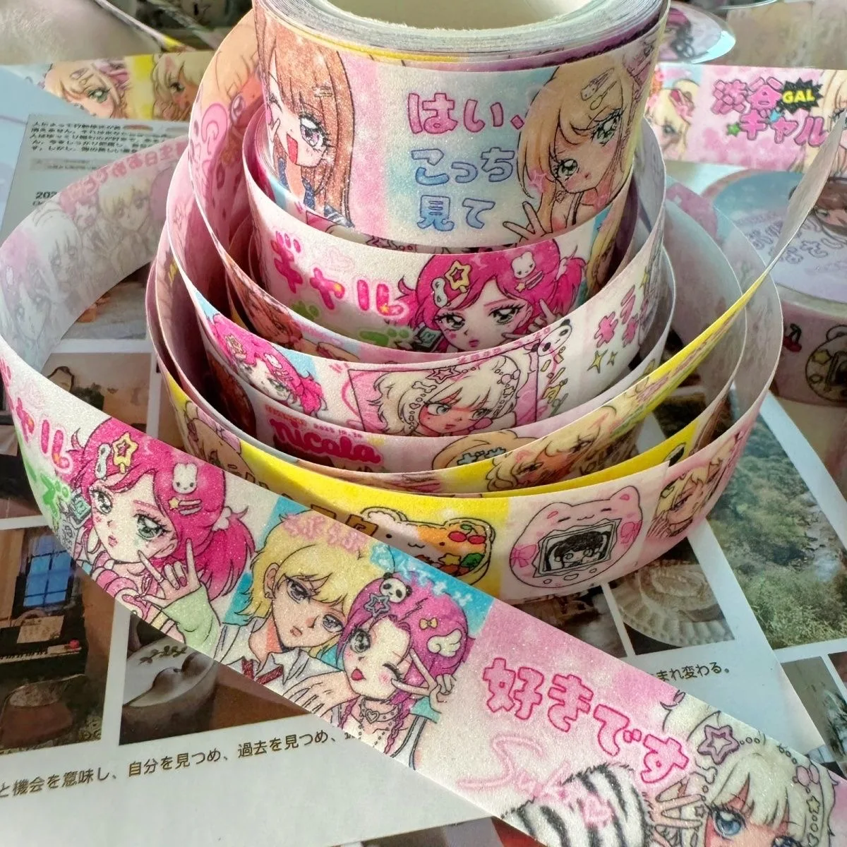 Cinta Adhesiva Decorativa con Diseño de Chica Japonesa Shibuya, Estilo Salmón, para Embalaje, Manualidades, Decoración, Chica Antigua y Hermosa, Cinta de Arena Brillante, Regalo