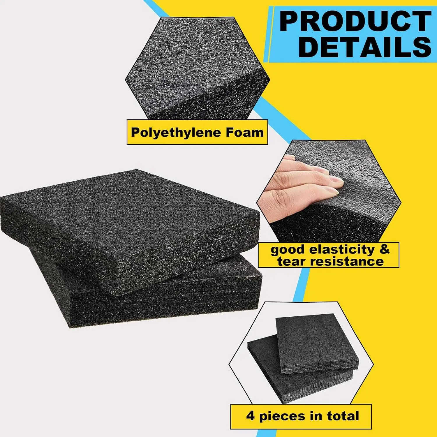4 Pcs Customizable Polyethylene Foam Sheets 16x12x3" Black Thick Cuttable Foam Padding Inserts for Cases, Polyethylene Block Sheets for Packing Toolbox Storage and Craft Pad view 3