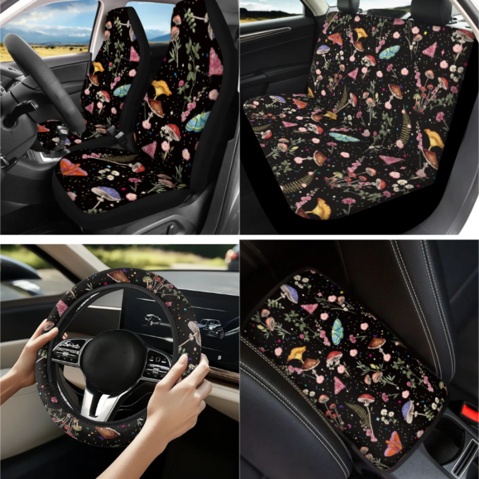 Coloranimal Mushrooms Print Set of 13 Car Seat Cover Set with Easy to Install Car Cup Holder Coaster and Key Ring for Interior