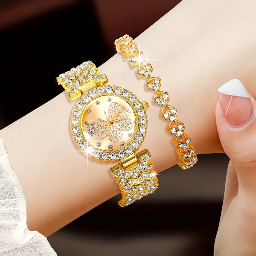 Women's Watch 2pcs Gorgeous Full Rhinestone Butterfly Rhinestone Decorated Quartz Watch and Bracelet Jewelry Set