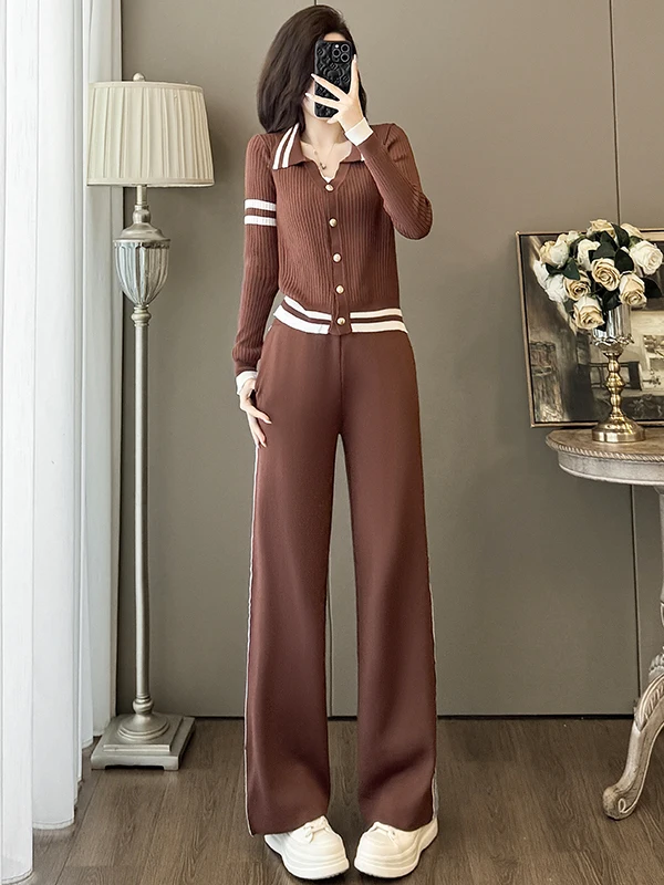 

Elegant Winter Knitted V-Neck Top And Wide Leg Pants Two-Piece Set Women's Fashion High-End Feelings Whole Set Casual Sportswear