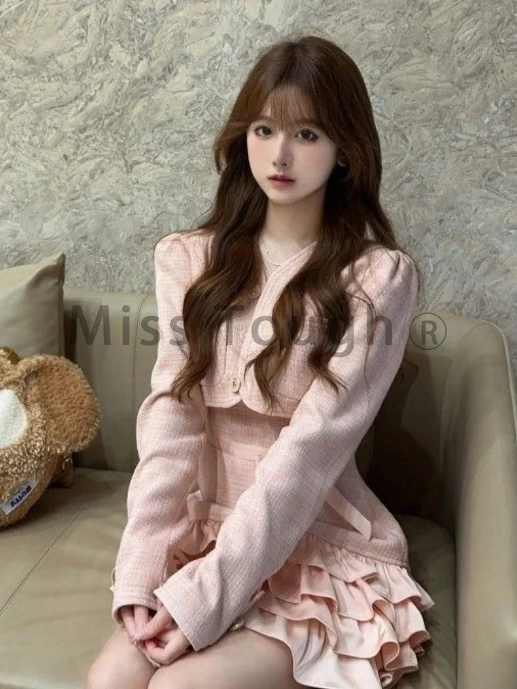 Süße 2 Stück Kleid Set Frau rosa Langarm Mantel Bogen Kawaii Mini kleid weibliche koreanische Mode Abend Party Anzug 2023 Winter