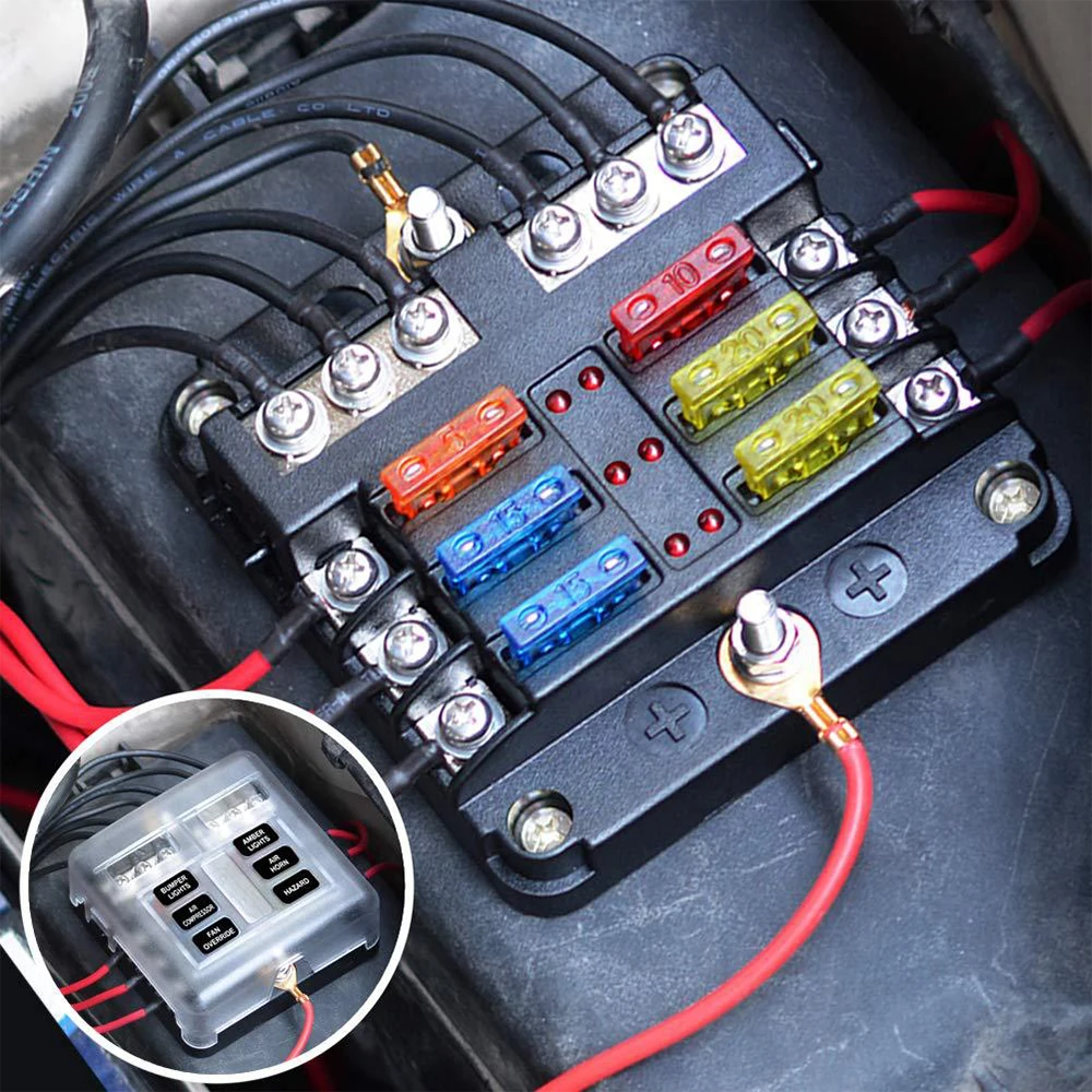 Fuse Block 6 Way with LED Indicator Light Car Motorcycle 6 Way 30A Blade Fuse Box MAX 100A 12V Power Distribution Panel for Boat