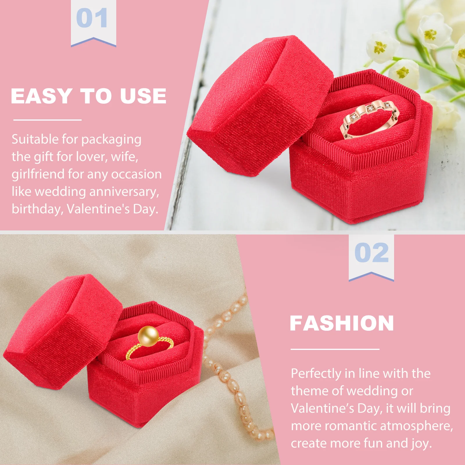 

Hexagon Ring Box Velvet Compact Lightweight Durable Safe Non Deform Wedding Anniversary Birthday Valentine Gift Jewelry Storage