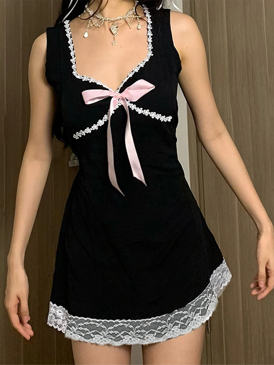 

Women s Mini Tank Dress Lace Trim Bow V Neck Sleeveless Back Tie-Up A-Line Dress for Party Club