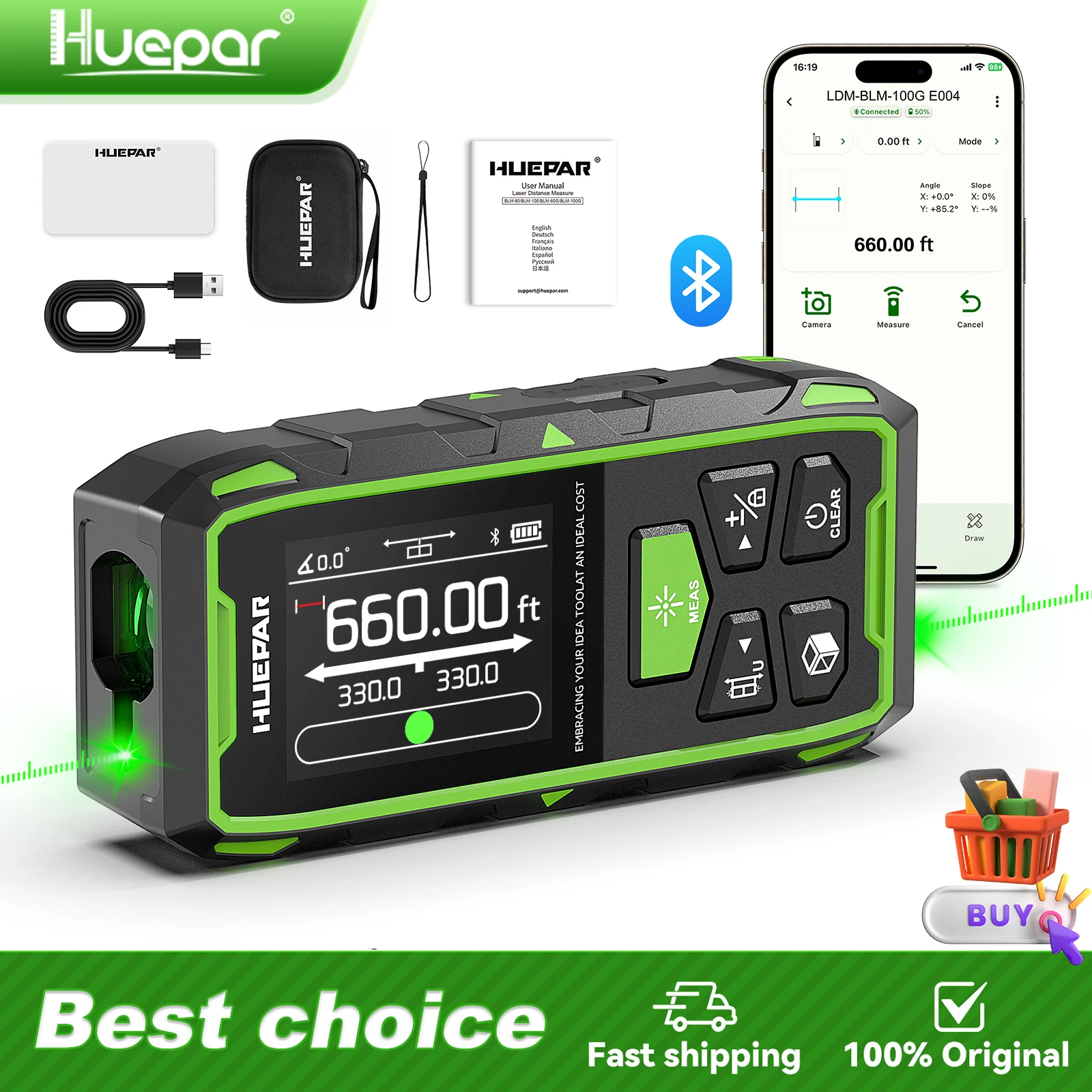 Image of Huepar Bluetooth Dual-Laser-Entfernungsmesser 120M/200M Grüner Laserstrahl Messgerät mit Mehrfacheinheiten-Messfunktion und LCD-Display mit Hintergrundbeleuchtung