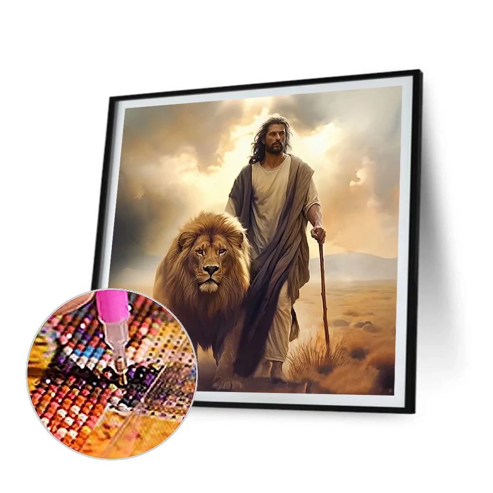 5D DIY Full Round Drill Diamond Painting Jesus&Lion Home Decor Art Craft 30x30cm
