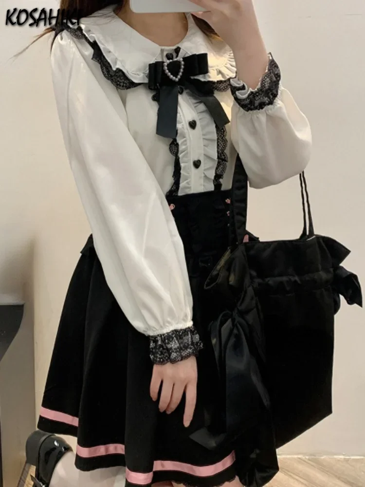 Chemises à manches longues Lolita pour femmes, chemisiers Sweet Lolita, mode japonaise Harajuku, nœud en dentelle, chemises Girly Kawaii, printemps,