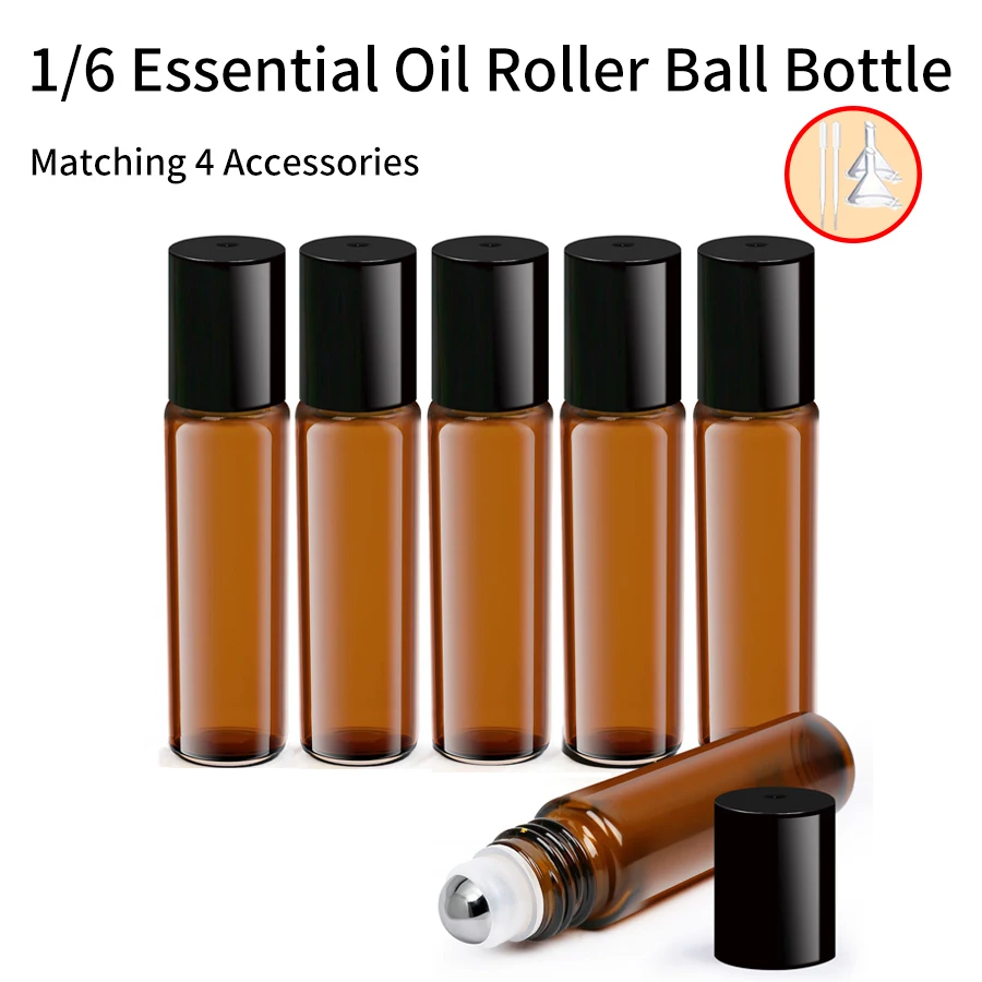 1/6 Stück + 4 Zubehörteile: Ätherische Öl-Rollflaschen, 6 Bernsteinfarbene Glasflaschen mit 6 Rollkugel-Flaschen, 2 Trichter, 2 Strohhalme