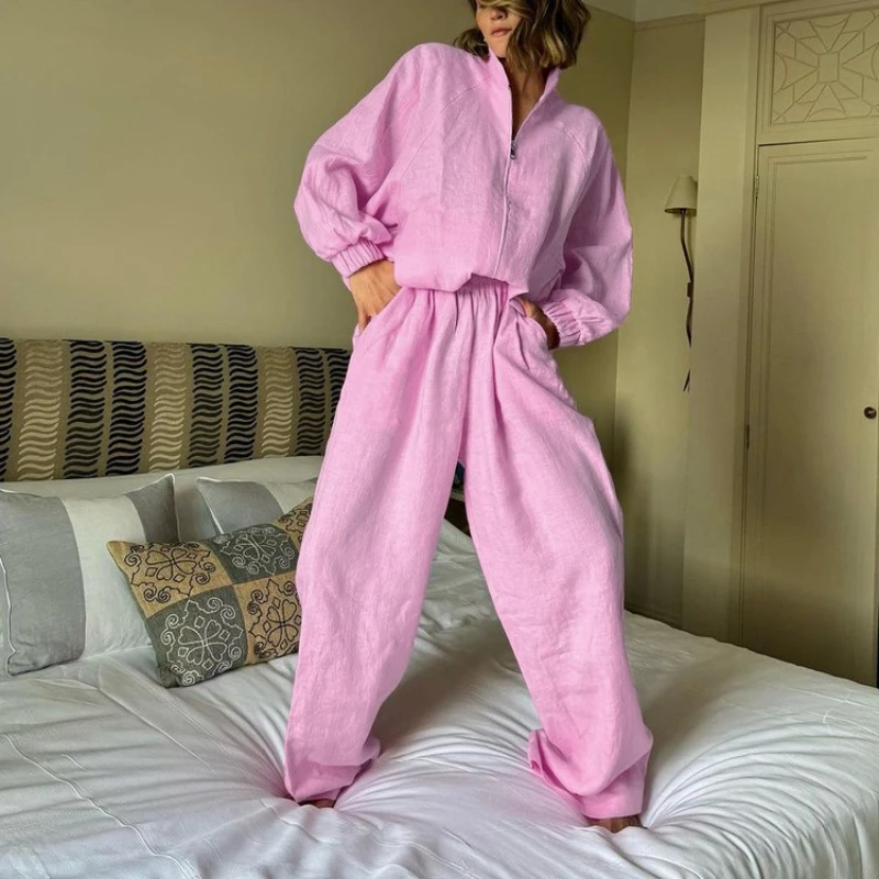 

Women's Fashion Cotton and Linen Suit Spring New Stand-up Collar Long-sleeved Top Elastic Waist Trousers Casual Two-piece Set