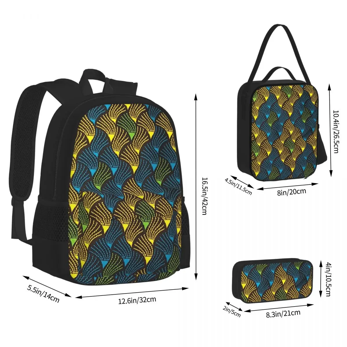 African Ankara Wax Print Backpacks Kids Bookbag School Bags Rucksack Lunch Bag Pen Bag Three-Piece Set