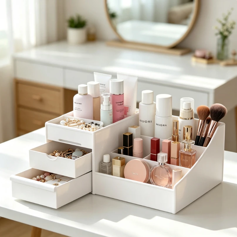 Plastic Desktop Cosmetic Storage Box with Drawer, Dorm Skincare Dressing Table Organizer for CosmeticsOffice Stationery Supplies