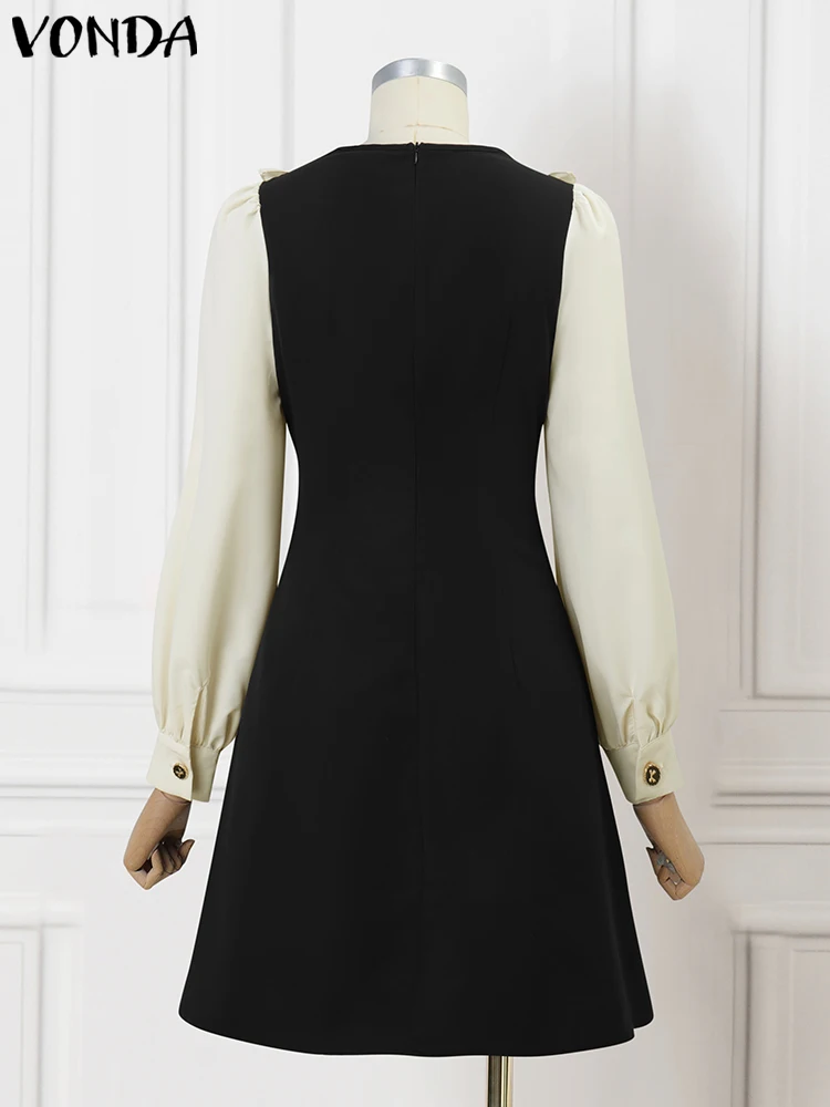 VONDA Women Patchwork Mini Dress Bohemian Sundress 2025 Casual Loose Short Robe Oversized A-Line Turn-down Collar Vestidos