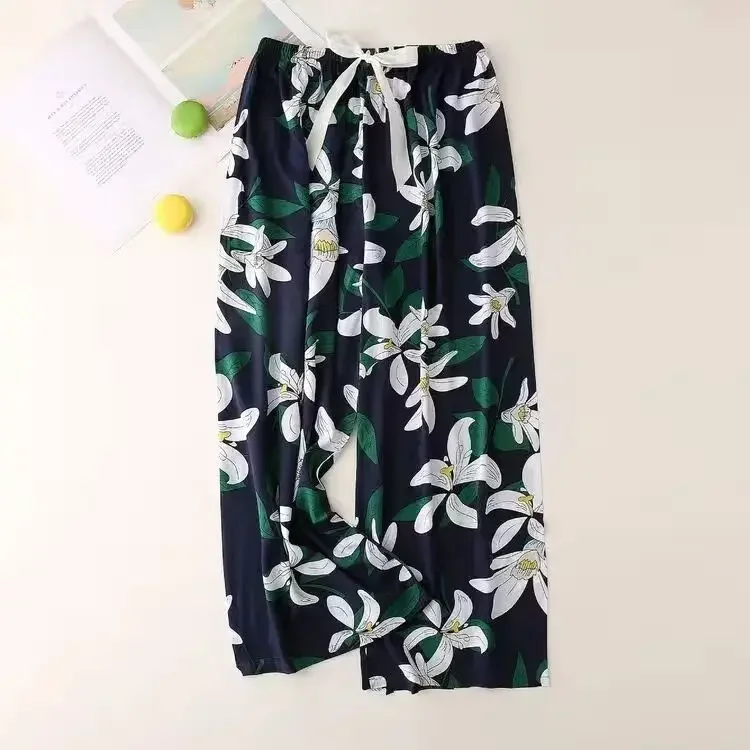 Niedliche, lockere Damen-Pyjamahose, Sommerhose mit Blumenmuster, lässige Stretchhose mit Kordelzug, hohe Taille, Haushose_voghion.com