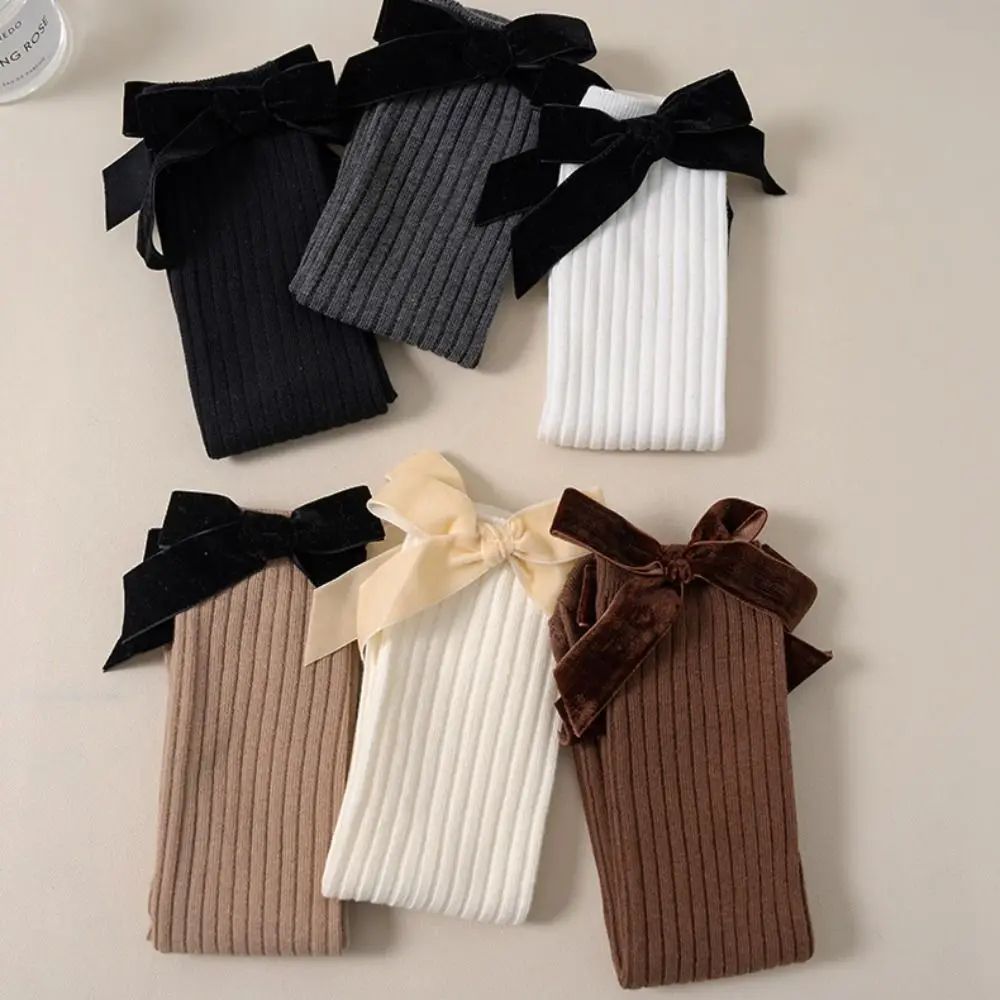 Sweet Cotton Blend Knee High Socks Knit Texture Bowknot Children's Stockings Stretchable Soft Fabric Girls Stockings For Party