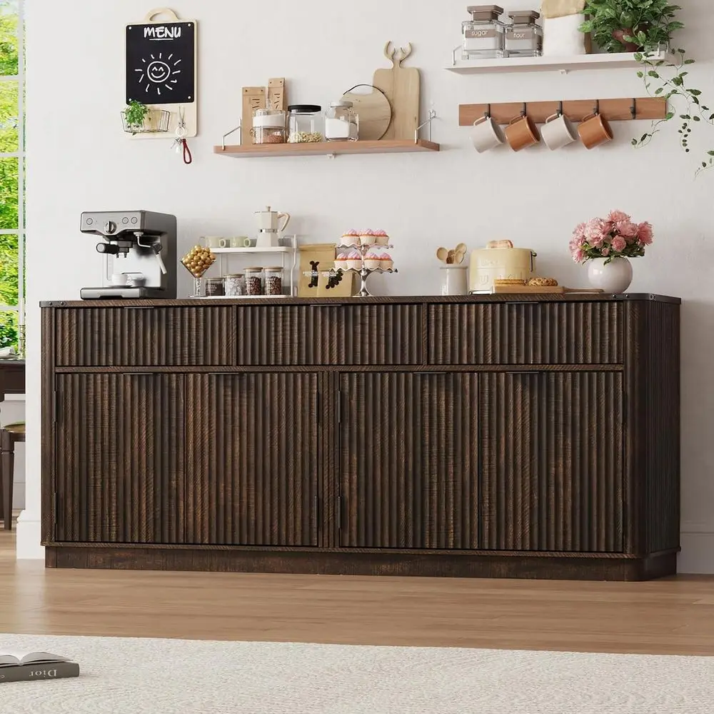 70 Large Rounded Edge Sideboard with 3 Drawers, 4 Door Shelves, and Rustic Brown Kitchen Pantry
