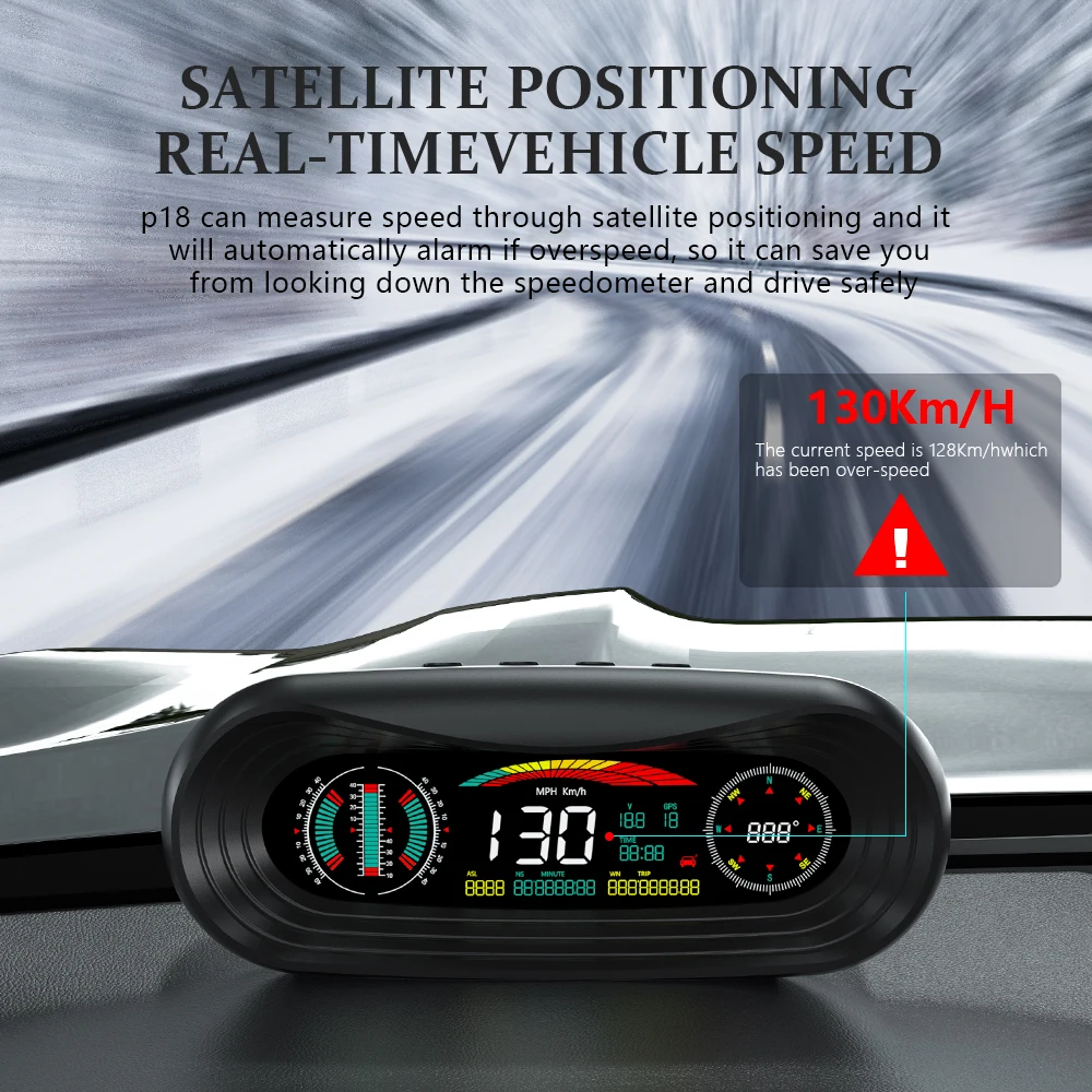 WYING P18 GPS HUD Car Tilt Angle Head Up Display LCD Digital Altitude Vehicle Speed Mileage Time Latitude Longitude Projector