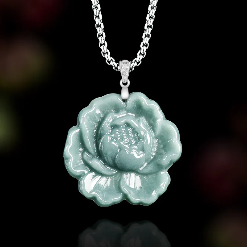 

"Luxury Handmade A-Grade Hetian Jade Blue-Green Peony PendantS925 Silver Inlaid IcyJadeNecklaceforWomenGood Fortune Jewelry Set