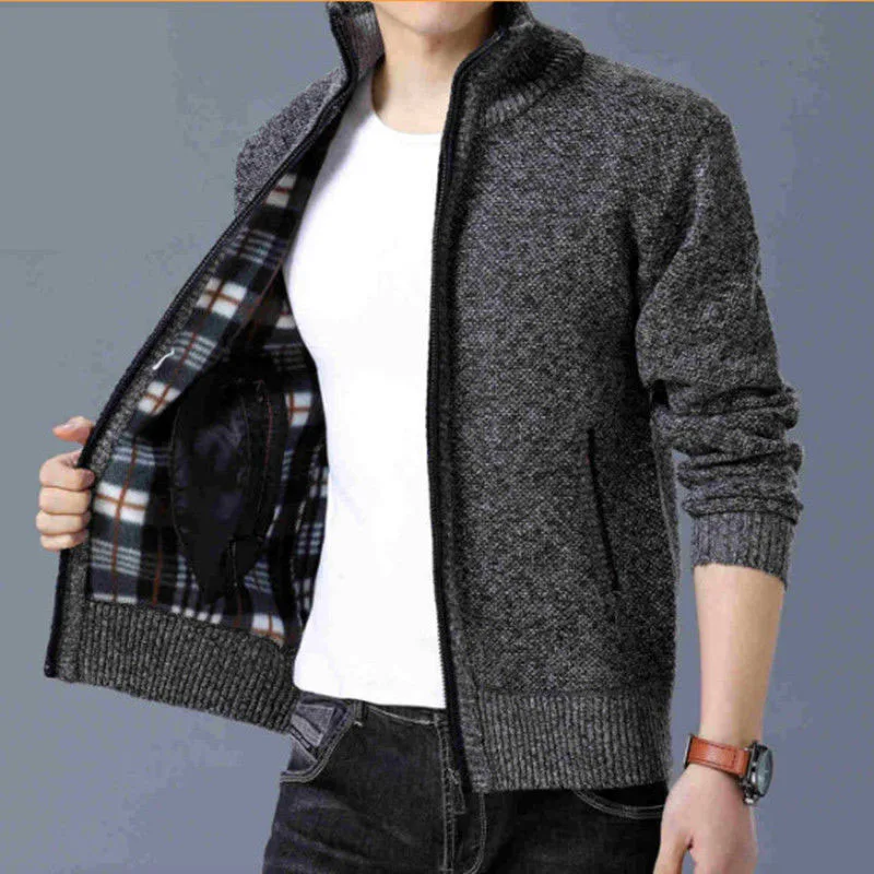 2023 New Autumn and Winter Fashion Trend Loose Size Plush and Thick Standing Neck Zipper Knit Men\'s Casual Sweater Cardigan