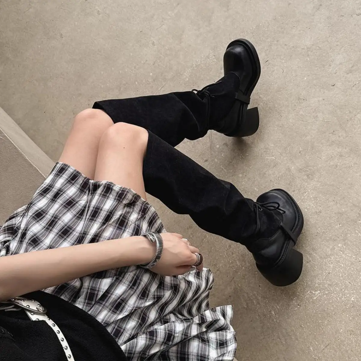 

Autumn cowhide platform Ankle strap Knee high boots Round toe denim slip-on Chunky heels Modern boots Large size