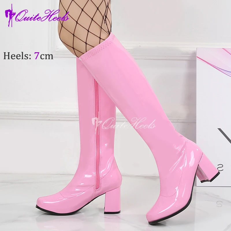 Classic 60s 70s Disco Gogo Boots Square Heel Knee-High Boots PU Leather Zip Unisex Cosplay Costumes Party Dress Dance Shoes