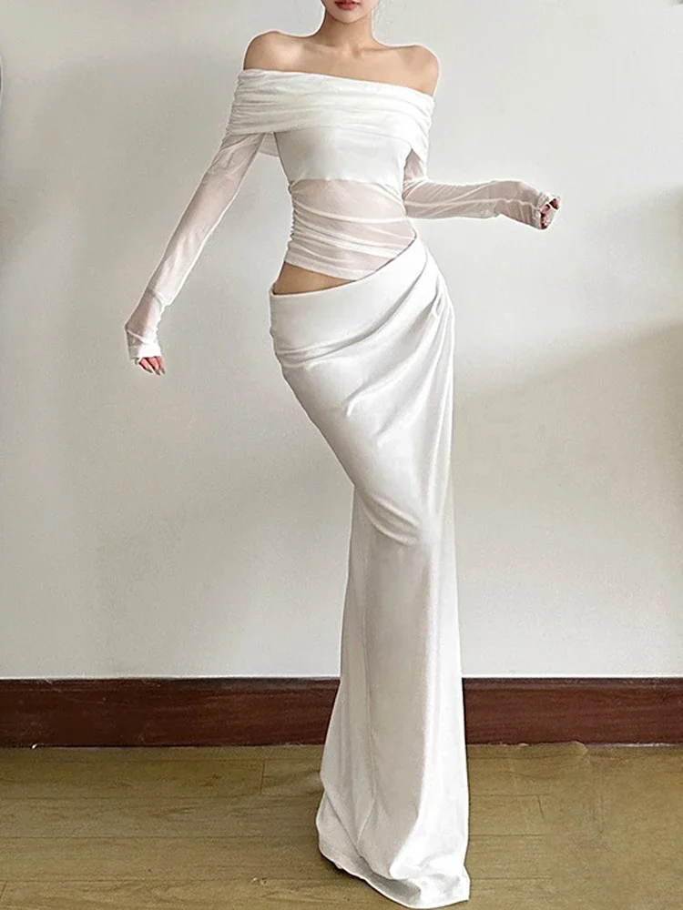 Nibber Vestito Sexy Delle Donne 2025 Primavera Patchwork Maglia Elegante Slash Neck Increspato Fit Chic Festa di Compleanno Festival Vacanza Abiti