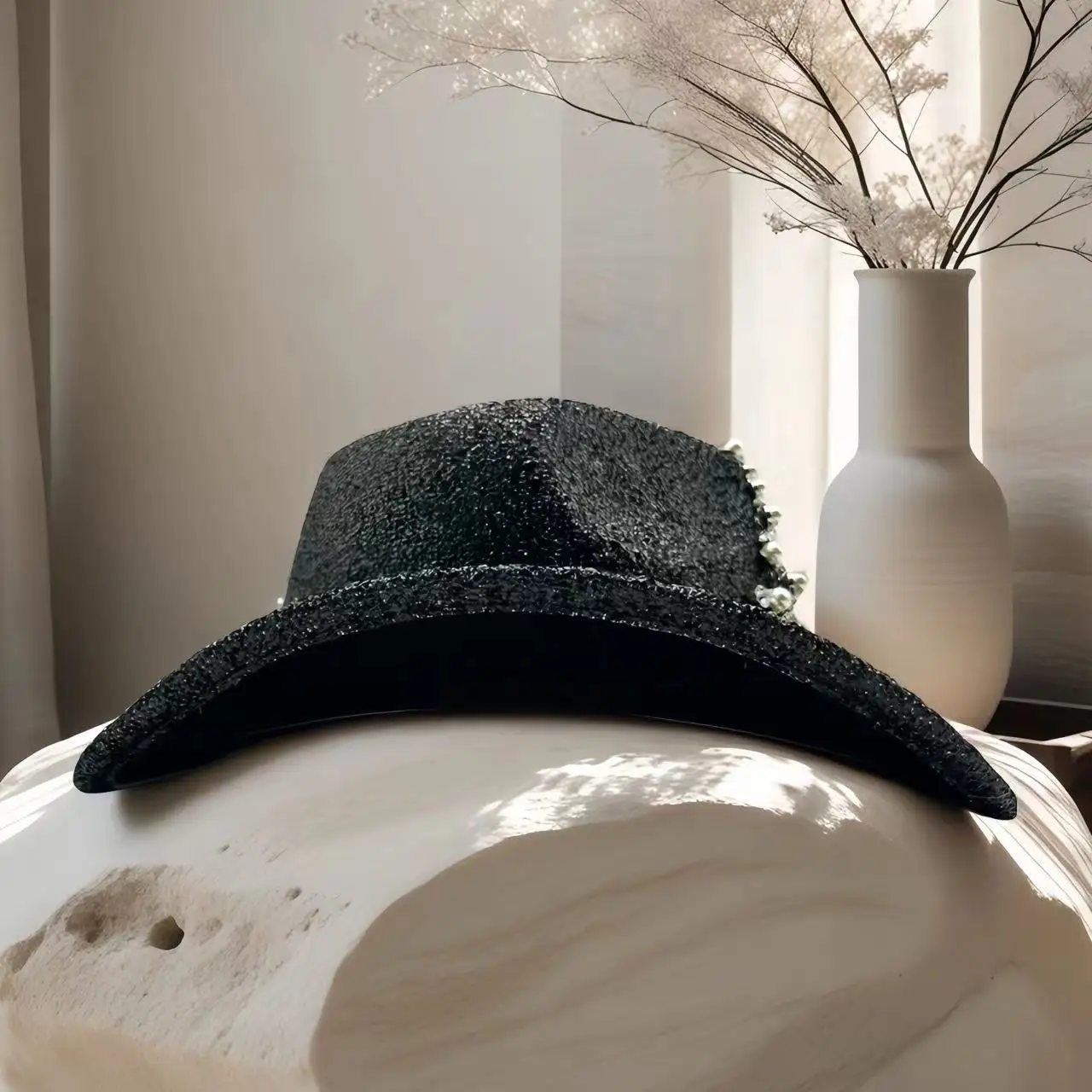 HongLuan Czarny Kapelusz na Halloween dla Dorosłych, Luksusowe Kapelusze Kowbojskie z Cyrkoniami dla Kobiet, Akcesoria do Cosplayu i Kapelusz Kowbojski