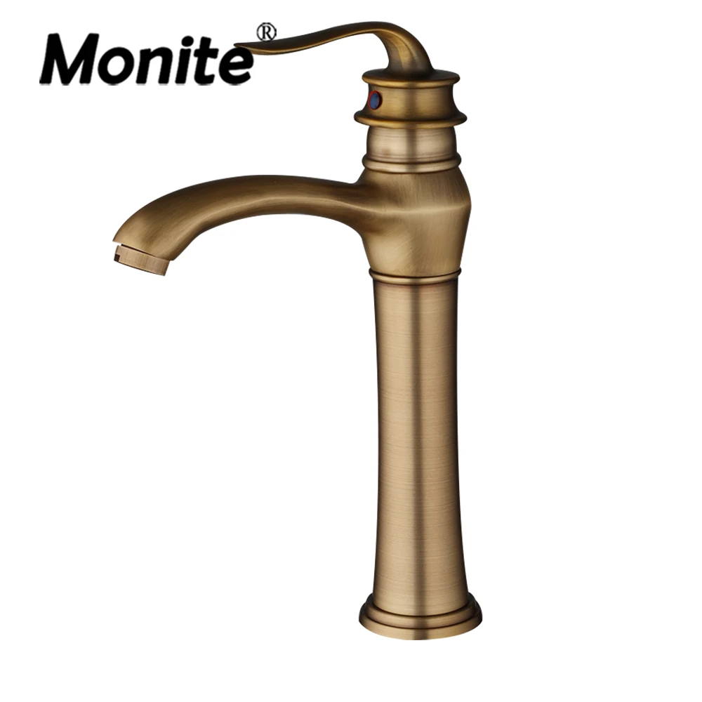 Monite Antique Brass Bathroom Vessel Basin Faucet Lavatory Deck Mounted Vanity Faucets Sink Mixer Water Tap 1 Handle Torneira