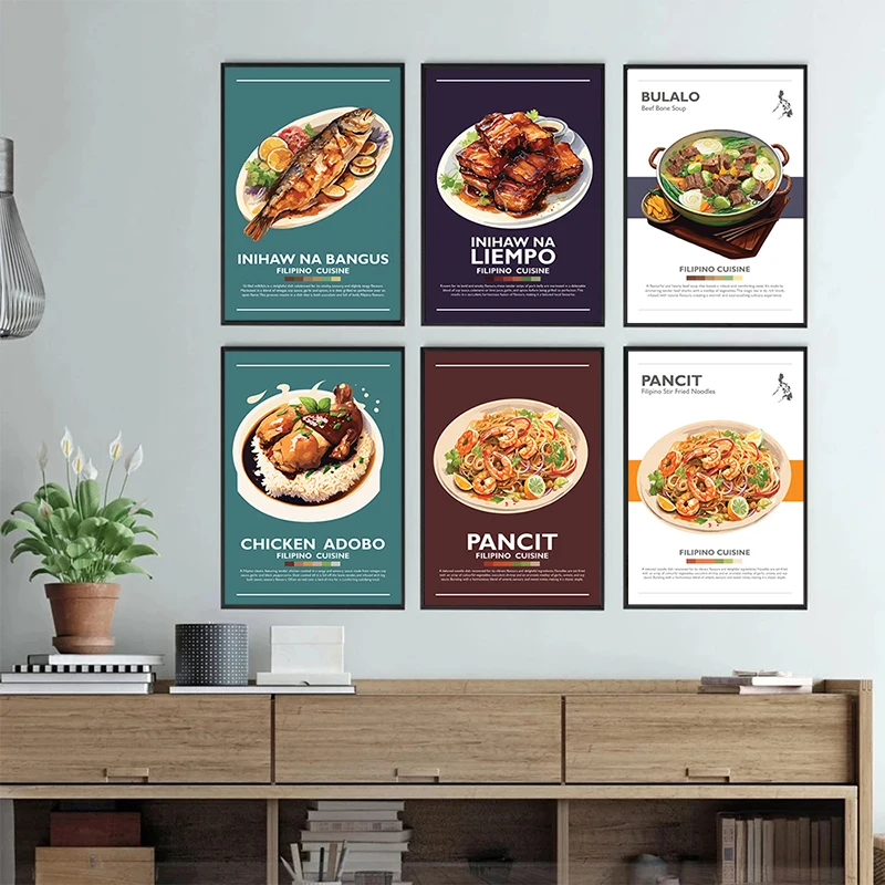Póster minimalista de comida de Filipinas, pintura en lienzo de pollo, Adobo, Halo, Lumpia, Leche, Flan, arte de pared, imagen de cocina, decoración del hogar
