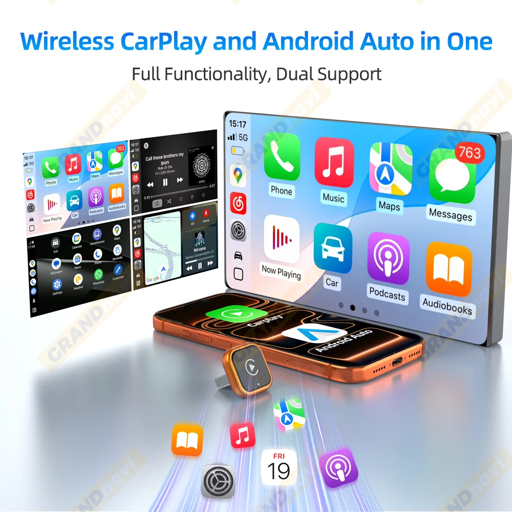 Orange 2in1 Wireless Carplay Adapter Android Auto Smart Dongle For iPhone Android Phone For Volvo Benz Mg Kia Chery VW Honda