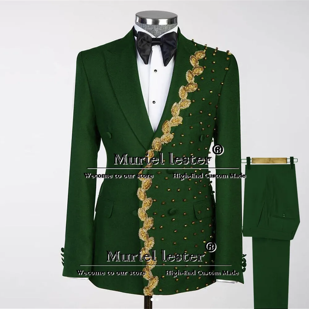 

Luxury Gold Pearls Beaded Embroidered Wedding Suits Formal Party Double Breasted Jacket Pants 2 Pieces Set Groom Tuxedo Fit Slim