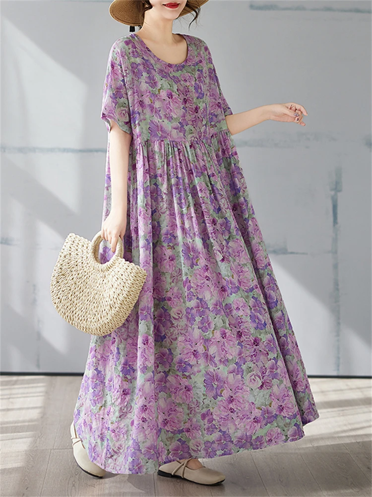 Vestidos Vintage de algodón de manga corta para mujer, vestido informal holgado largo de color morado claro, Vestidos elegantes para mujer, ropa de verano