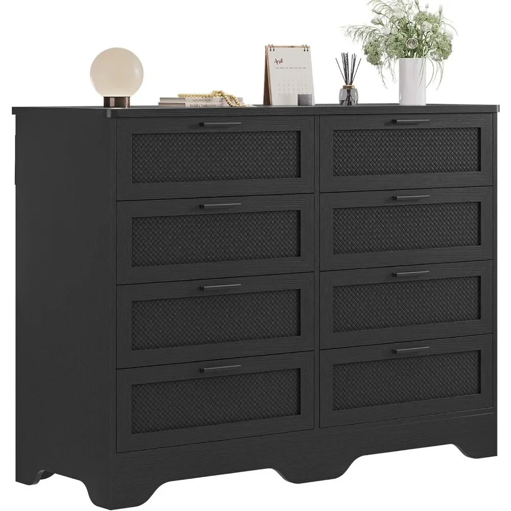 Black Dresser for Bedroom,Modern 8 Drawers Long Dresser with Woven Leather Design,Wooden Large Capacity Storage Chest of Drawers