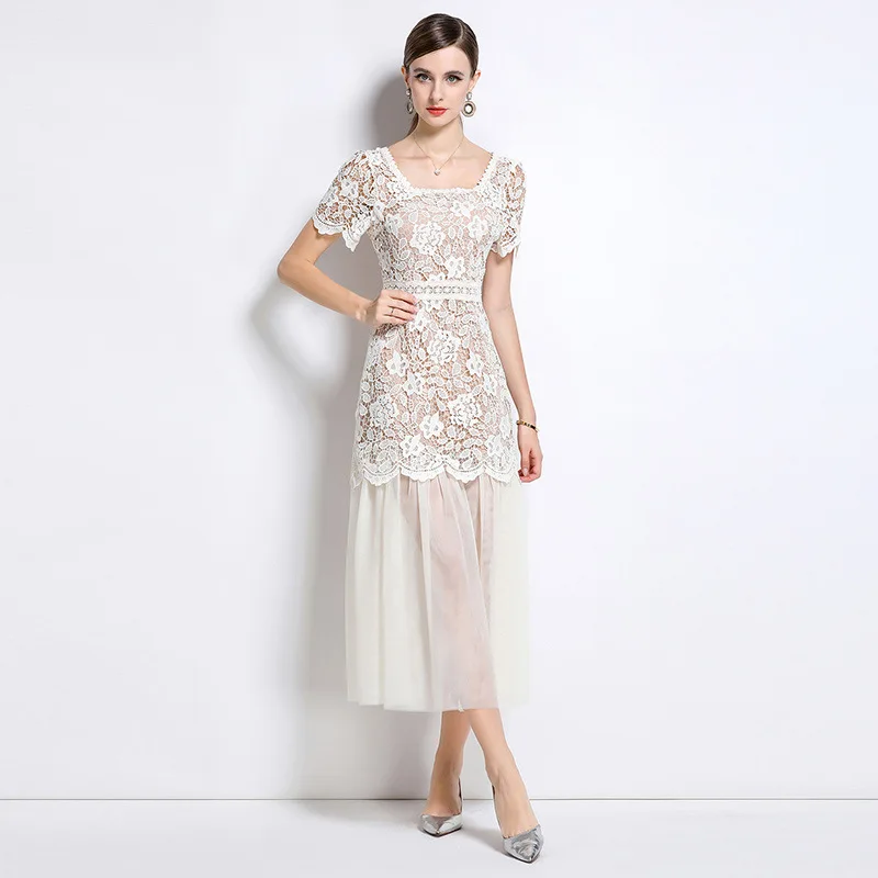 Ele Long Dr Lace Square Collar High-End Netting Splicing Ele Chic Sle Autumn Season oulder Baring Midi Dr