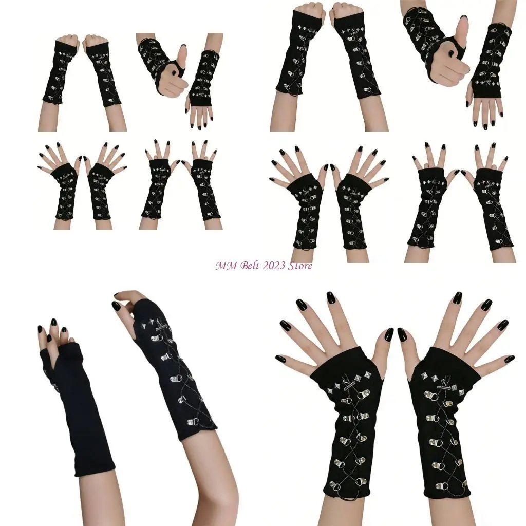 49ME Fingerless Gloves with Rivet Studs Streetwear Arm Covers Decorative Arm Sleeves for Men Women Unsiex Party Armwear