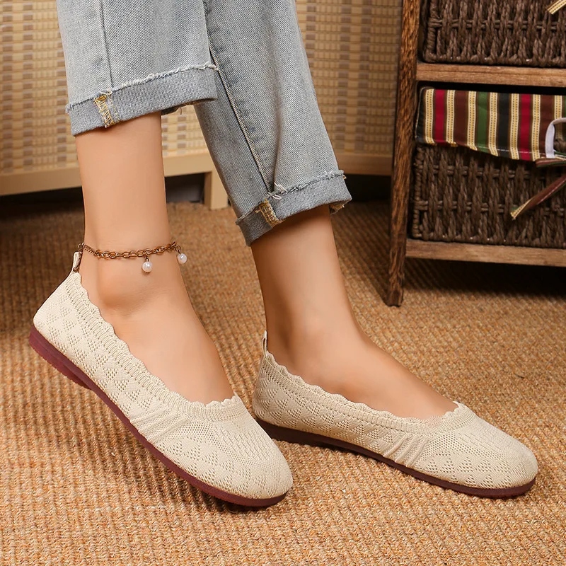 

2025 женские вязаные дышащие туфли на плоской подошве, дизайн с широким носком, удобные нескользящие повседневные лоферы, модные повседневные топсайдеры без шнуровки