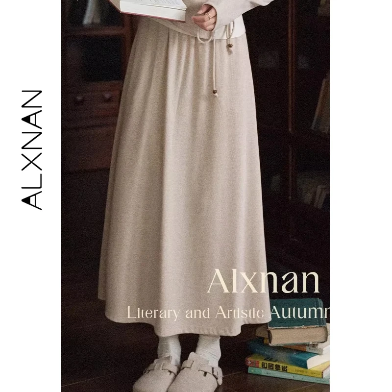 ALXNAN Women's Midi Skirt Oatmeal A-line 2026 Autumn Loose-fit Casual Skirts Trend Sport Travel Office Lady Skirts L569115