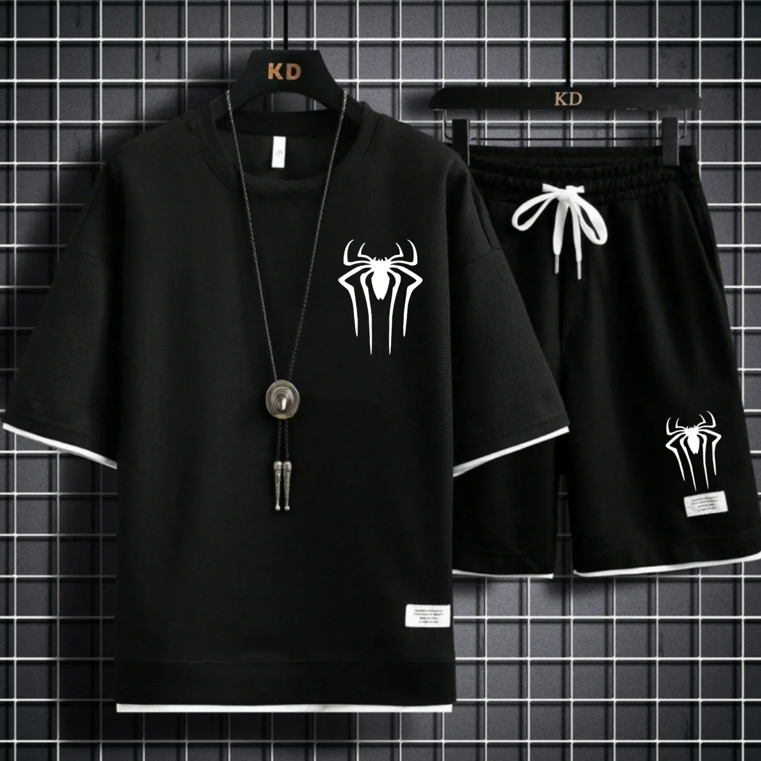 

Waffle 2 piece men's shorts set summer sportswear, fashionable clothing, loose fitting sportswear shorts men sweatshirts spider
