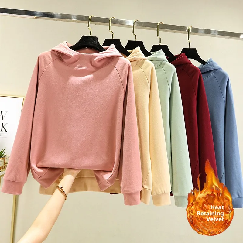 Thiened Fce Autumn Winter Hoodie Women's Thermal Top Loose plus Size Slimming Long Sve T-irt ort Outerwear
