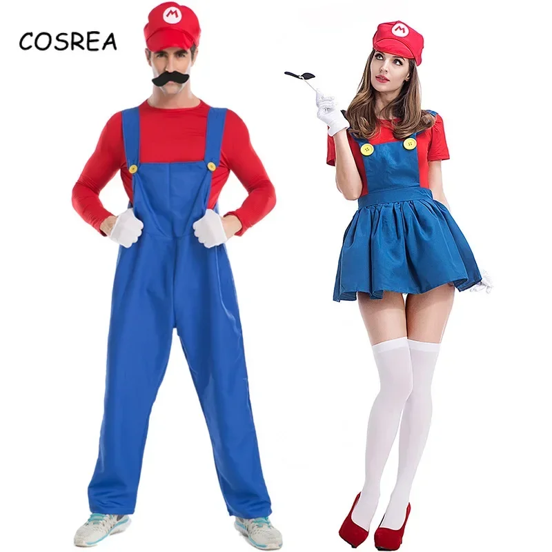 Super Brother Cosplay Costume Plumber Disguise Hats Beard Suit Halloween Party Fancy Dress Family Adult Kids Women Christmas