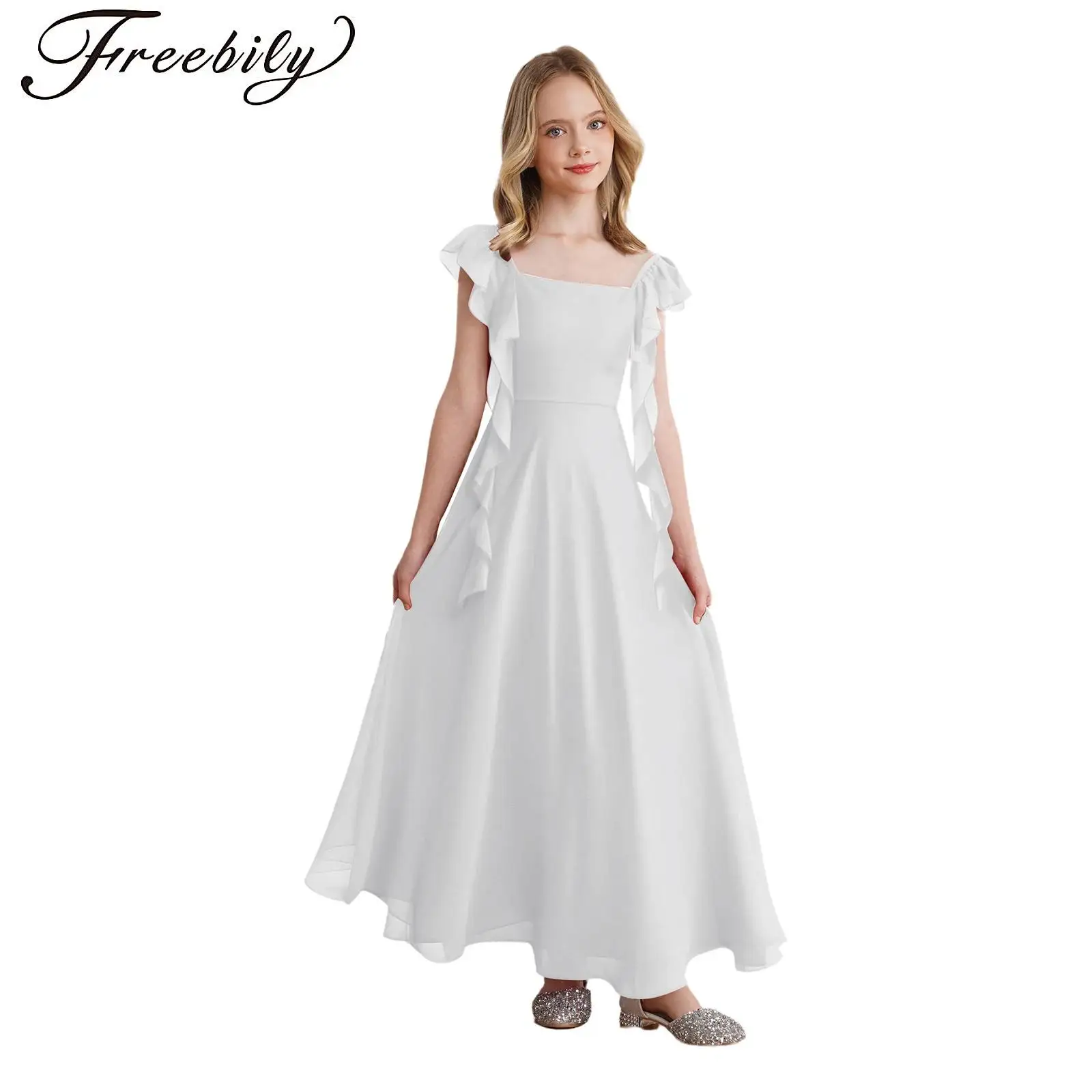 

Elegant Girls Formal Dress Bridesmaid Dress Chiffon Ruffled Straps Square Neck Princess Dress Wedding Pageants Flower Girl Dress