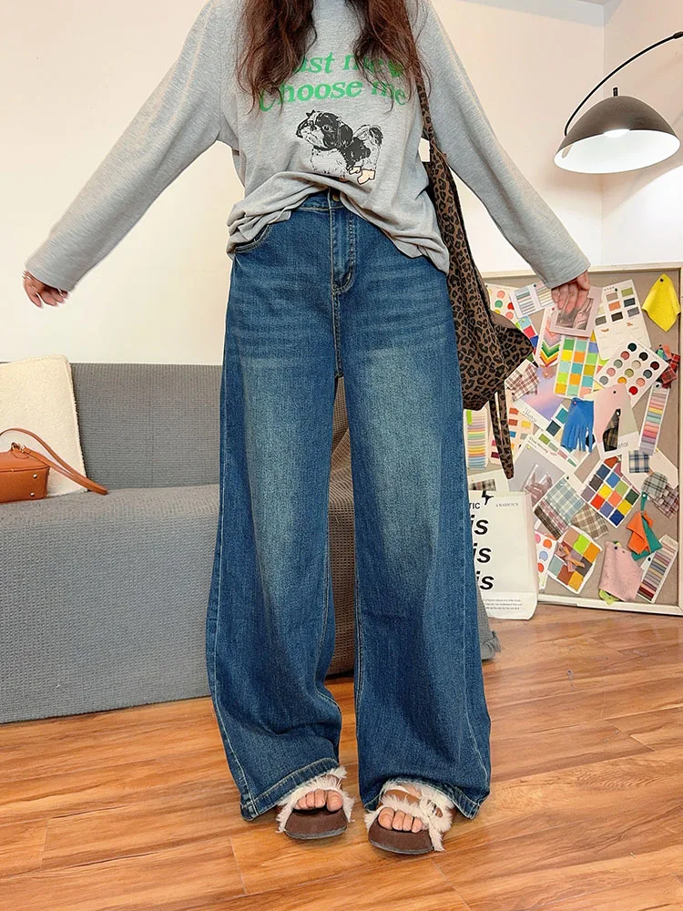 

Женские джинсы с высокой талией, широкими штанинами, прямым кроем, длиной в пол, свободные, с V-образным вырезом, осенне-зимние, модные