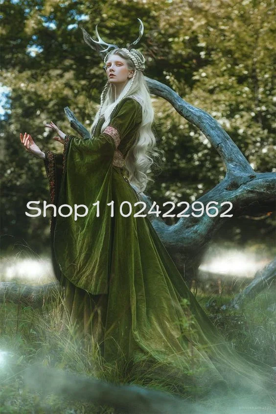 Customized Deep Green Velvet Medieval Fantasy Evening Dresse Fairy Long Sleeve Lace Beaded Cosplay Elven Costume Prom Party Gown