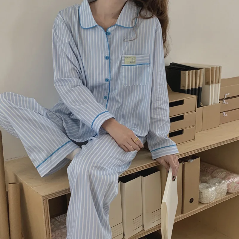 Blue Stripe Trousers Suit Cotton Nightwear Female Sleepwear Loungewear Elastic Waist Pajamas Set 2Pcs Home Clothes Autumn New