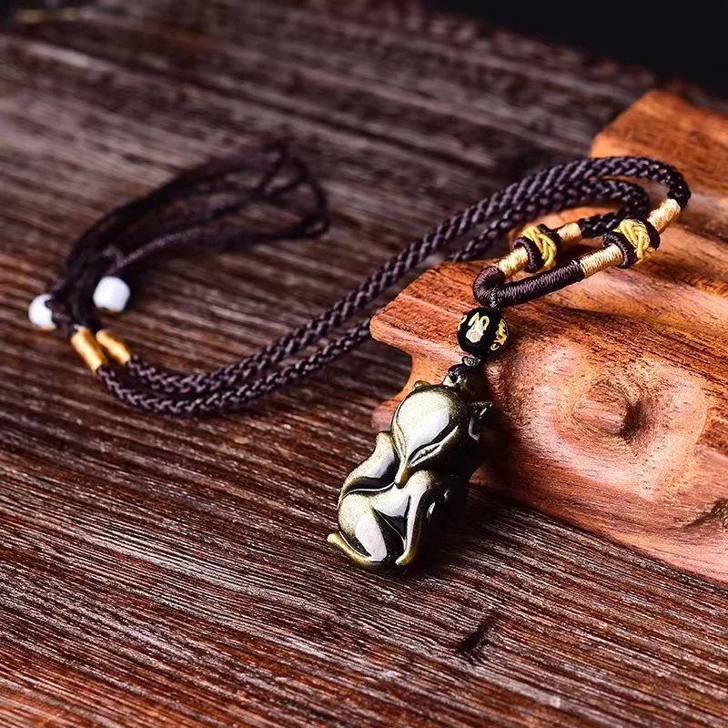 Golden Obsidian Fox Pendant Necklace Jewelery Natural Stone Lovely Peach Fox Pendant Men Women Transfer Lucky Crystal Jewelry